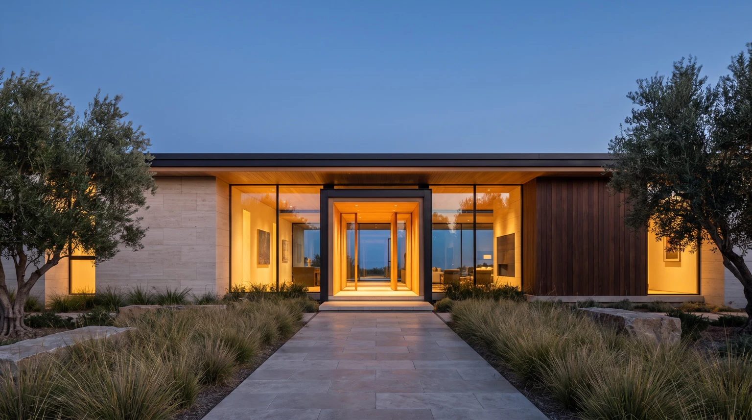 Blue-hour ışığında, sıcak iç aydınlatmalı modern konut konsepti.