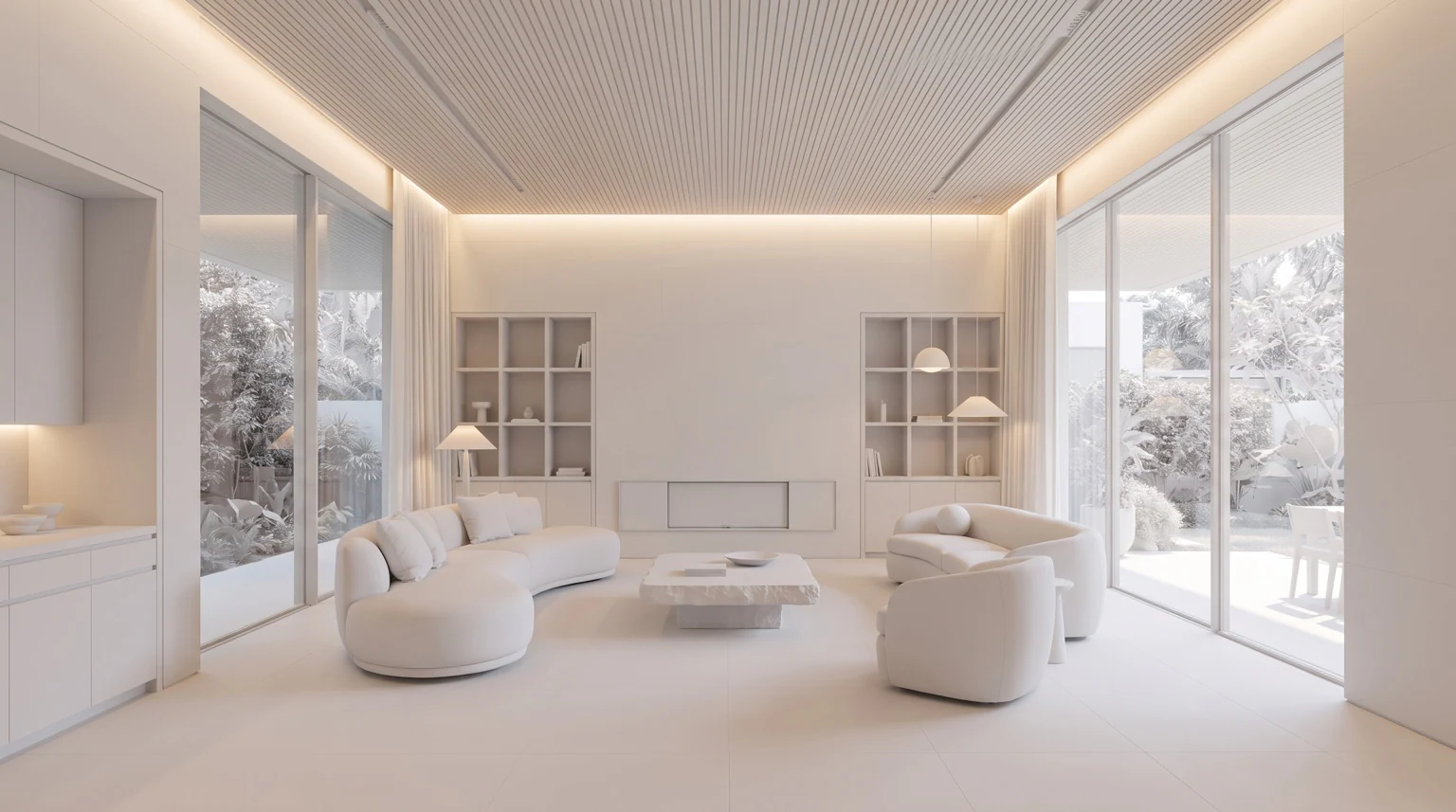 Aynı salon geometrisinin beyaz clay render görünümü.